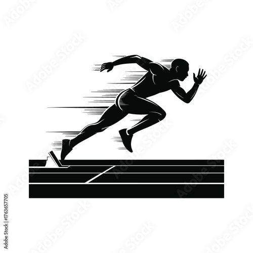 Black silhouette of a sprinter exploding from starting blocks on a track running track and field