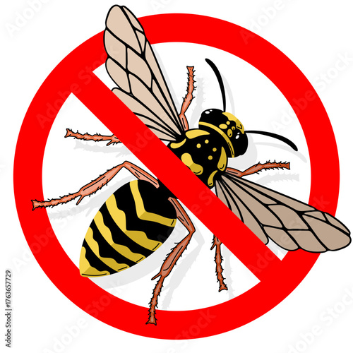 Forbidden sign: insect paper wasp crossed out with a red line. Pest exterminator concept. Control unwanted insect and allergy prevention. Insecticide banner.