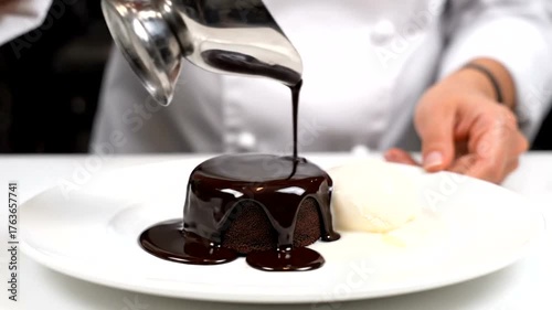 Chef skillfully pouring rich chocolate sauce over a decadent dessert in a bright kitchen setting