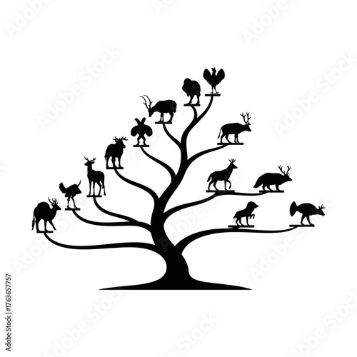 Silhouette of a tree with various animals perched on its branches against a white background