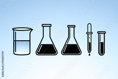Laboratory glassware including beakers and flasks with liquids, set against a soft gradient background