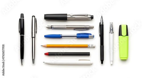 A top down view of various writing instruments including pens pencil and highlighter on a white background