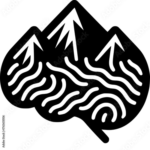 Mountain Brain Concept: A minimalist monochrome illustration blends brain and mountain, embodying the height of intellectual achievement, inspiration, and nature's influence. 