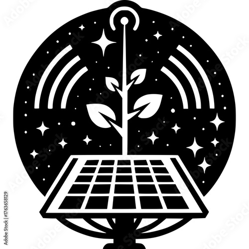 Solar Energy Communication: Symbolic representation of a solar panel and a plant reaching skyward, evoking the concepts of green energy, technology, and environmental responsibility. 