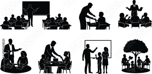 Teacher, student, classroom, education, learning, silhouette, black and white, instruction, tutoring, collaboration, laptop, blackboard, outdoor study, teamwork, teaching scene, school, academic, 