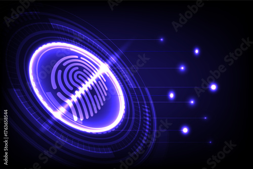 Glowing digital fingerprint scanner with neon blue light, representing cybersecurity and biometric authentication