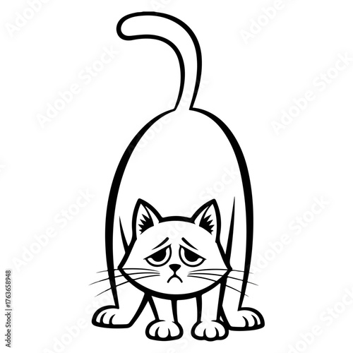 Sad cat with a curved back and a raised tail looking down.