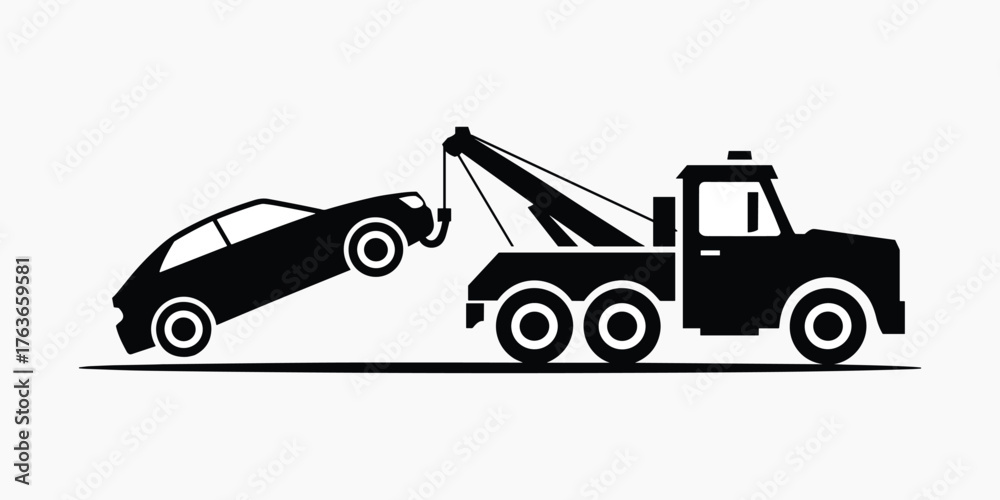 Naklejka premium Black silhouette of a tow truck lifting a car on white background towing vehicle.