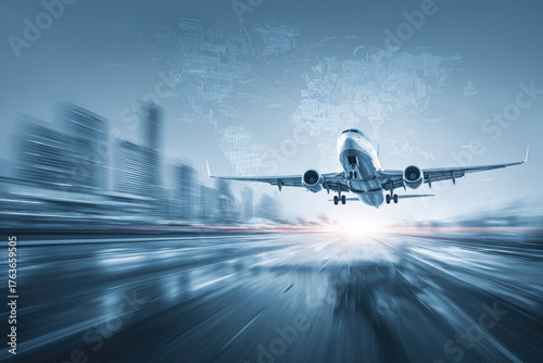 
Technology digital future of commercial air transport concept, Airplane taking off from airport runway on city skyline and world map background with copy space, Moving by speed motion blur effect