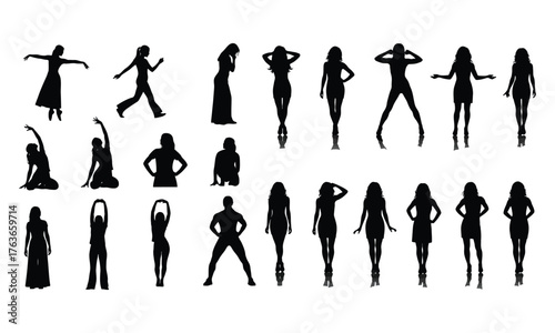 Diverse group of women silhouettes demonstrating different poses and activities on white