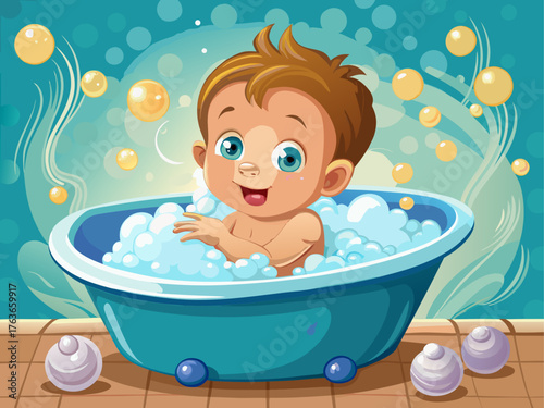 Realistic vector illustration of newborn baby sitting in small bathtub with foam and bubbles, soft warm lighting, detailed water reflections, clean and gentle baby bath scene