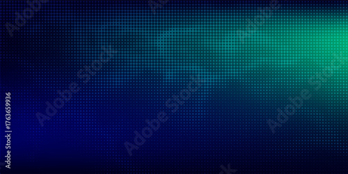 halftone with blue-green gradation, abstract background pattern, neon light reflecting walls and floors, dark colors, and feel the speed of digital technology connected with blue-green background.