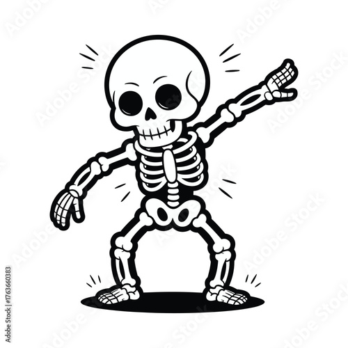Cartoon skeleton dancing with joy and excitement on white background character