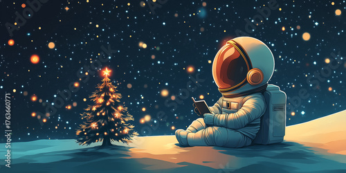 Astronaut reads a book next to a Christmas tree in the snow in a winter forest on an alien planet. Beautiful Background for Christmas and New Year Greeting Card, copy space