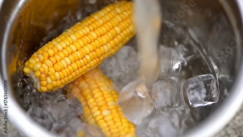 A taste of summer, the contrast between bright yellow corn and clear ice