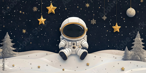 Little Astronaut in Space with Stars, Snowflakes, Christmas Trees, illustration. Cute Background for Christmas and New Year Greeting Card