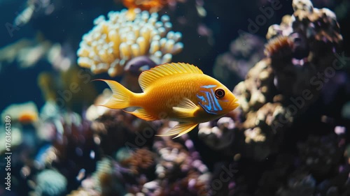 Vibrant orange fish gracefully swims through colorful coral reef, showcasing beauty of marine life in serene underwater ecosystem filled with diverse aquatic wonders and soft light