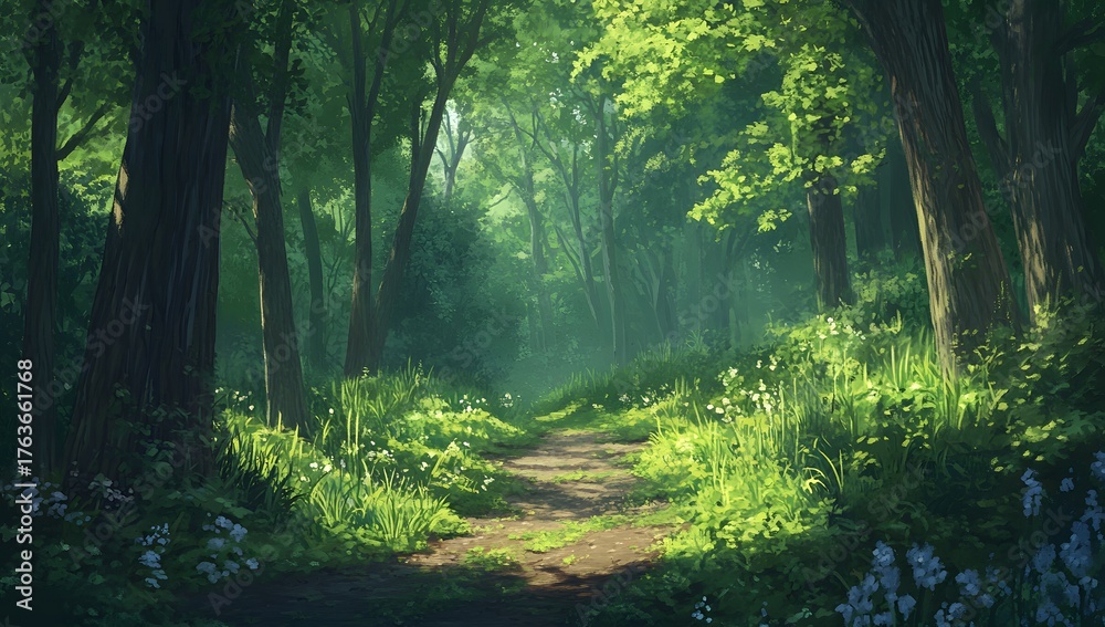 Obraz premium Sunlight filters through the lush canopy of a vibrant green forest path