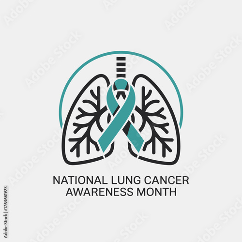 National lung health awareness logo, teal ribbon over lungs, prevention and screening message, medical advocacy branding vector
