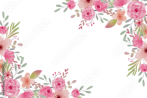Watercolor background with flowers, frame, for design, with space