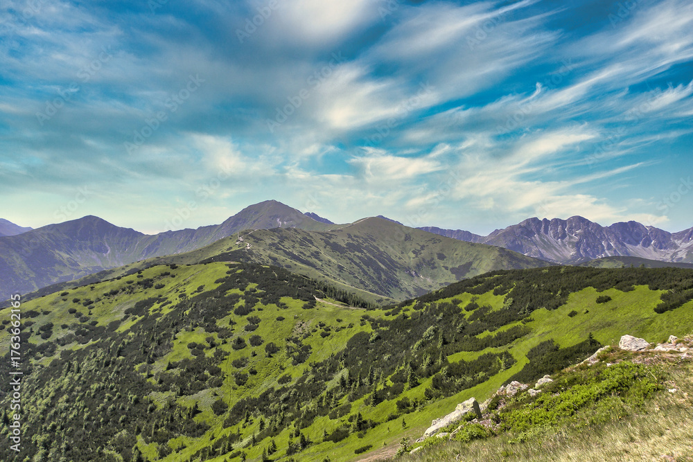 Naklejka premium mountain landscape with trees and clouds
