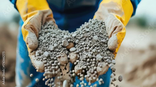 Hands showcase texture of small gray pebbles and granules while gloves emphasize safety for workers in construction industry, highlighting importance of proper material handling
