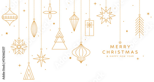 Christmas greeting card, gold decorations, hanging balls