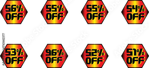 Set of Discount and Sale Badges with Percentage Numbers – Special Offer Labels, Price Tags, Promotion Stickers, Clearance Sale Icons, Black Friday and Cyber Monday Discount Design for Online Store, Re