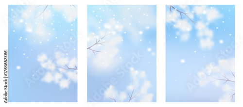 Blurred winter snow-covered leaves on an abstract background with a blue-pink gradient. Winter-themed blur effect. Vector illustration	