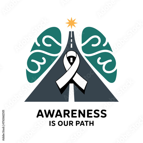 awareness is our path message, road across lungs graphic, star hope symbol, lung cancer support, clean vector icon