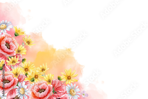 Watercolor background with flowers, frame, for design, with space