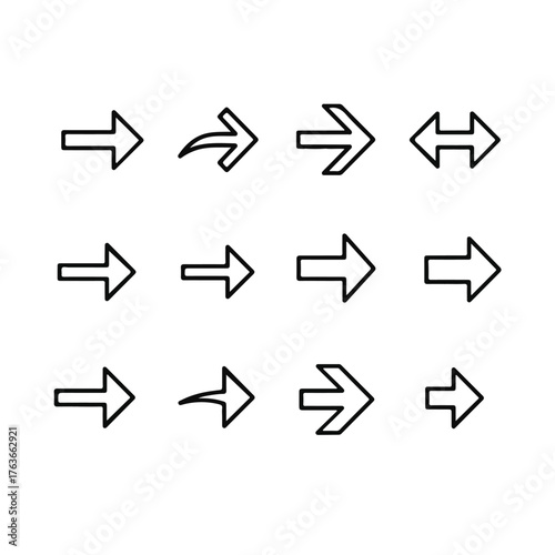 A set of black and white arrows pointing in various directions on a plain white background in a graphic illustration.
