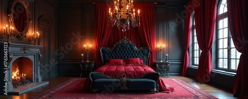 Ornate gothic bedroom design features large bed with red velvet bedding. Fireplace burns with candles on mantelpiece. Chandelier illuminates room with dark red curtains, large windows. Luxury style.