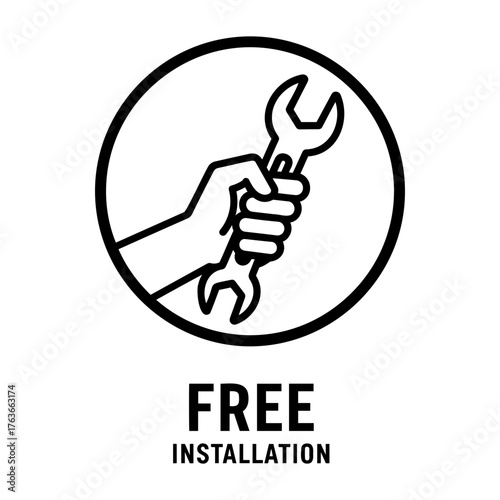 Vector illustration of a hand holding a wrench inside a circle with free installation text