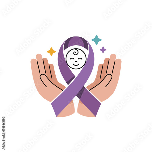 newborn support symbol, smiling baby face, purple awareness ribbon, protective hands, prematurity care, parenting compassion, friendly vector
