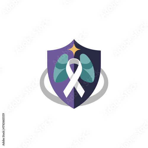 Protective Shield Badge, Purple Ribbon Center, Newborn Safety Emblem, Guardian Support, Medical Protection, Caring Community, Clean Vector