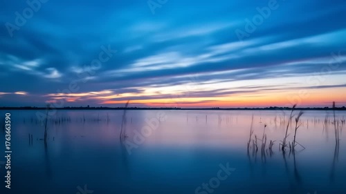 Tranquil Lake Sunset: Time-Lapse Capture of Sky, Clouds and Reflections on Water