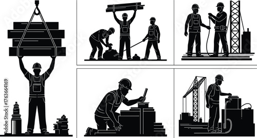 Construction workers, teamwork, lifting beam, machinery, blueprint, hose, crane, safety, silhouette, black and white, industrial, manual labor, infrastructure, engineering, tools, building site, , 