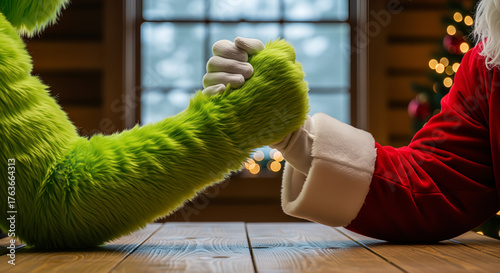 Arm Wrestling Between Santa Claus and a Green-Furred Monster.