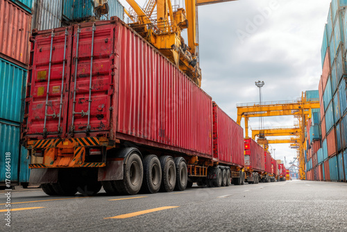 Truck unload many big red intermodal containers time lapse. Busy port terminal. Export import heavy ship cargo. Transport logistic shipment. Load freight into dock. Lot blue huge box rows. Stock line.