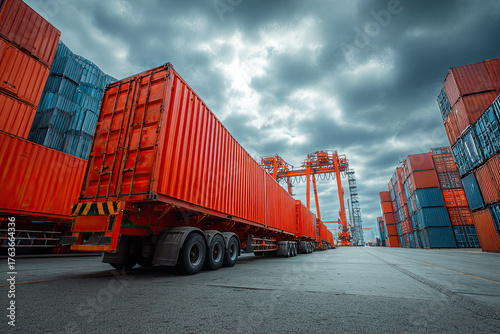 Truck unload many big red intermodal containers time lapse. Busy port terminal. Export import heavy ship cargo. Transport logistic shipment. Load freight into dock. Lot blue huge box rows. Stock line.