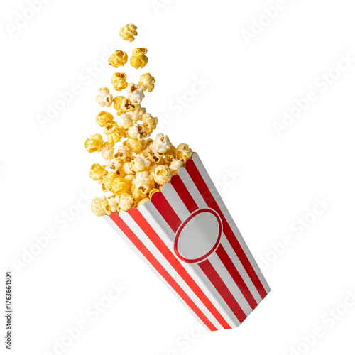 Popcorn spilling out of a red and white striped container isolated on transparent background a classic movie snack