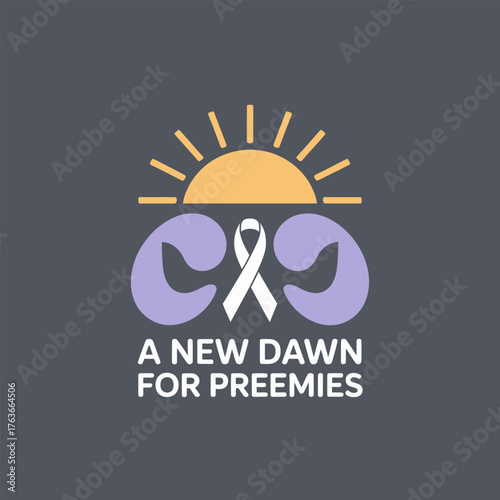 New dawn for preemies theme, glowing sunrise emblem, pastel purple ribbon, neonatal awareness, wellness support, modern badge, vector