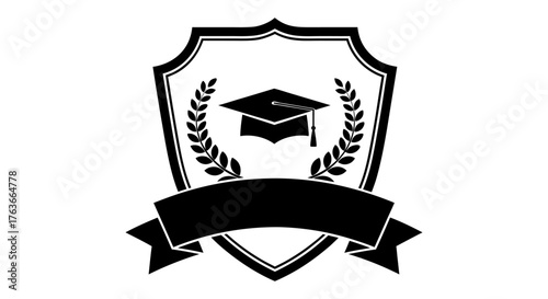 Elegant Education Logo Icon Graduation Cap in Shield with Laurel Wreath Banner