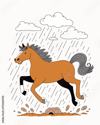 Cartoon Horse Running in the Rain