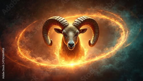 Powerful golden ram with big horns stares ahead. Bright orange swirling cosmic energy rings intensely surround animal head in deep space. Mystical celestial creature embodies strength, power, Aries