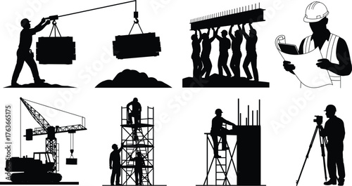 Construction workers, teamwork, crane lifting, blueprint, scaffolding, ladder, safety gear, silhouette, black and white, engineer, planning, manual labor, infrastructure, building site, surveying,  