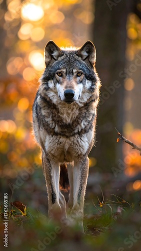 A majestic wolf staring forward, bathed in autumn sunlight in a forest