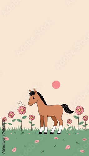 Cartoon Horse in a Flower Field