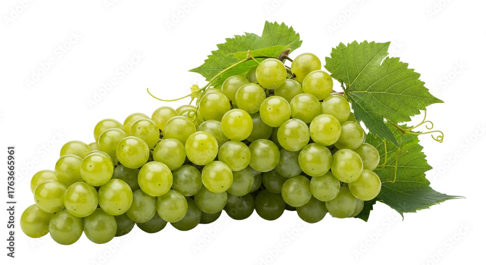 Obraz premium A bunch of fresh green grapes with leaves isolated on transparent background, a healthy and delicious snack choice